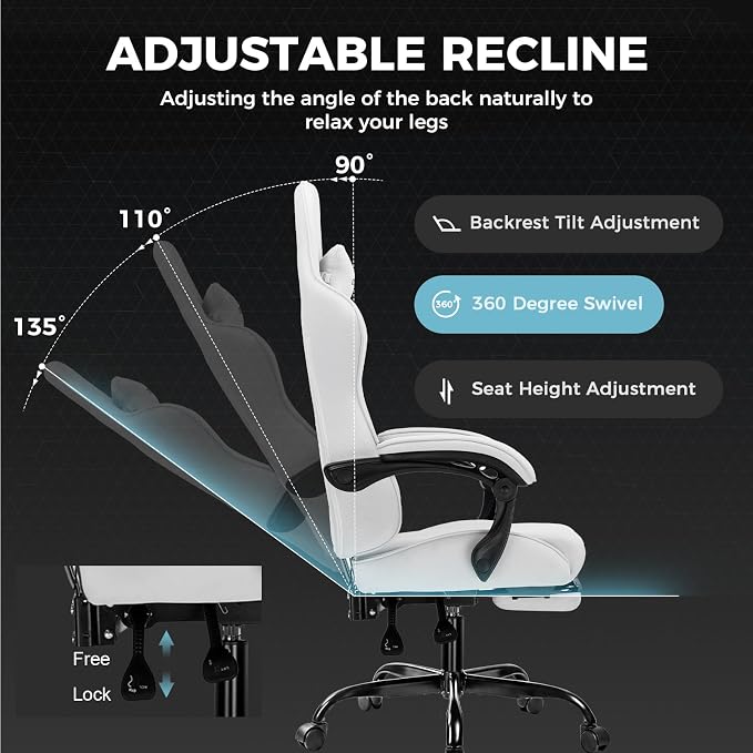 GTPLAYER Gaming Chair, Computer Chair with Footrest and Lumbar Support, Height Adjustable Game Chair with 360°-Swivel Seat and Headrest and for Office or Gaming (All Light Gray-Fabric) - Image 7