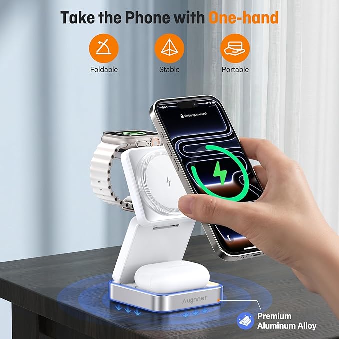 Augnner 25W 3-in-1 Charging Station for Apple Device, White Foldable Magnetic Wireless Charger, Fast Travel Charging Stand for iPhone17/16/15/14/13/12 Series, Apple Watch/AirPods - Image 9