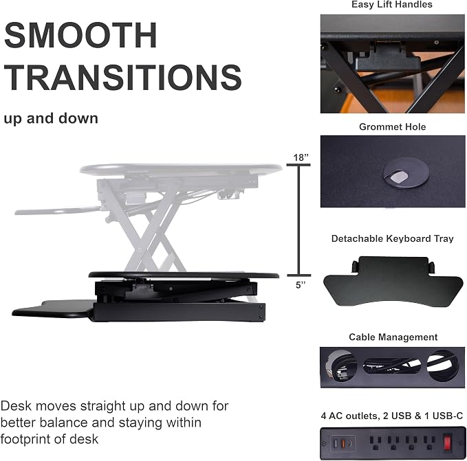 Rocelco 46" Height Adjustable Corner Standing Desk Converter with AC Outlet USB Charger and Dual Monitor Arm Mount - Stand Up Tabletop Riser Workstation - Keyboard Tray - Black (R CADRB-46-ACUSB-MA2) - Image 2