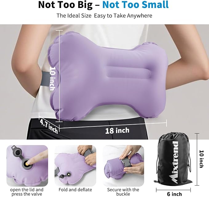 Mixtrend Travel Lumbar Pillow Inflatable Lumbar Support Pillow with Memory Foam, Back Support Pillow for Airplane Long Flight, Essential Travel Support Pillow for Women Men Kids（Lavender） - Image 6