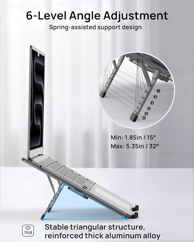 Ultra Compact Foldable Laptop Stand - Portable Laptop Holder for Desk & Travel Use, Adjustable, Ergonomic Aluminum Computer Holder for MacBook, Tablet 10-16" (Plus-Gray, Bi-Fold) - Image 4