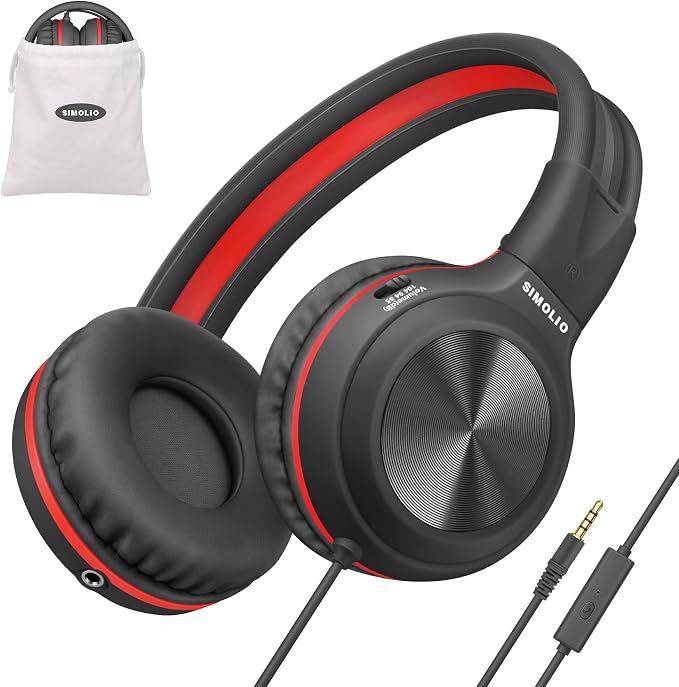 SIMOLIO Manyshare Series- Kids Wired Headphones with Microphone, Boys Headphone w/Volume Limit & Share Port, Headset with Cord for School, Travel, Airplane, Laptop, Tablet, PC, Teens, Adults (Black) by SIMOLIO