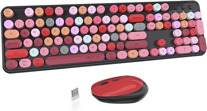 UBOTIE Colorful Wireless Keyboard and Mouse Combo (Black-Colorful) | Retro Typewriter Floating Full-Sized Keys Computer Keyboard with Optical Mouse, 2.4GHz USB Connection for Windows Mac by UBOTIE