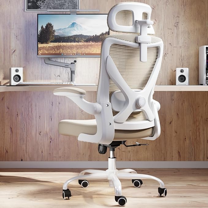 Ergonomic Office Chair: Mesh Desk Chair Comfy with Headrest& Lumbar Support | Ergalithic Big and Tall Office Chairs with Wheels & Flip-Up Arms-Computer Gaming Chairs for Adults Home Office Chairs(Beige) by Ergalithic