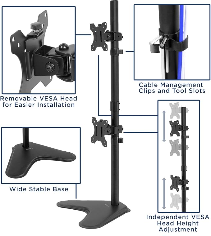 Mount-It! Vertical Dual Monitor Stand, Freestanding Stacked Monitor Mount for 2 Screens 17–32", Height Adjustable, Tilt Swivel Rotate, Portrait or Landscape, Holds 17.6 lbs per Arm, No Desk Clamp Needed - Image 3