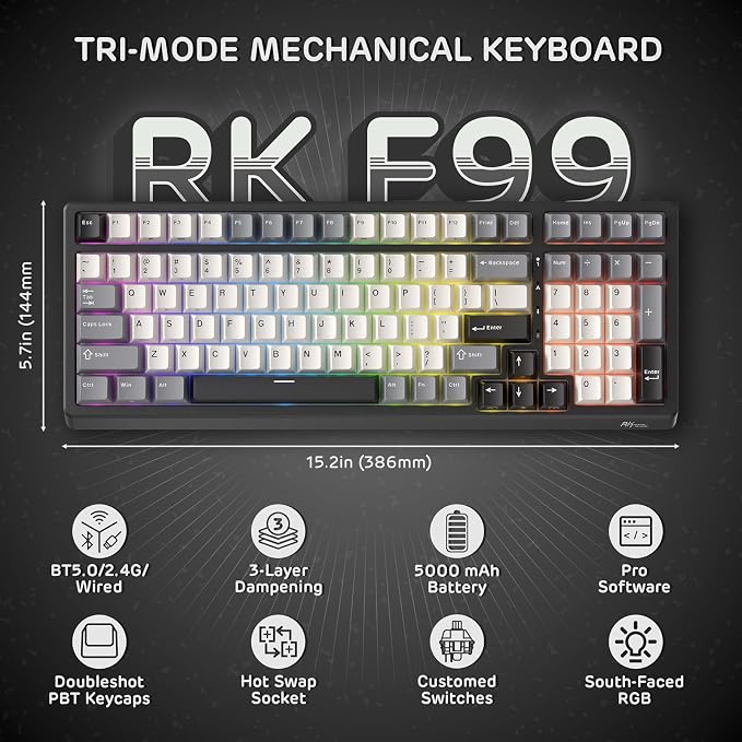 RK ROYAL KLUDGE F99 Wireless Mechanical Keyboard, Gasket Structure | 95% 100 Keys Hot Swappable RGB Gaming Keyboard, Tri-Mode BT/2.4GHz/USB-C, Pre-lubed Custom Switches, for PC/Xbox/PS4/PS5 - Image 2