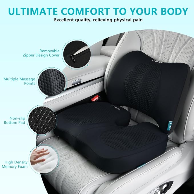Car Seat Cushion and Back Support for Office Chair Memory Foam Chair Cushions Pressure Relief Seat Pads with Gel Massage Point Lumbar Support Relief Sciatica & Tailbone (Light Black) - Image 2