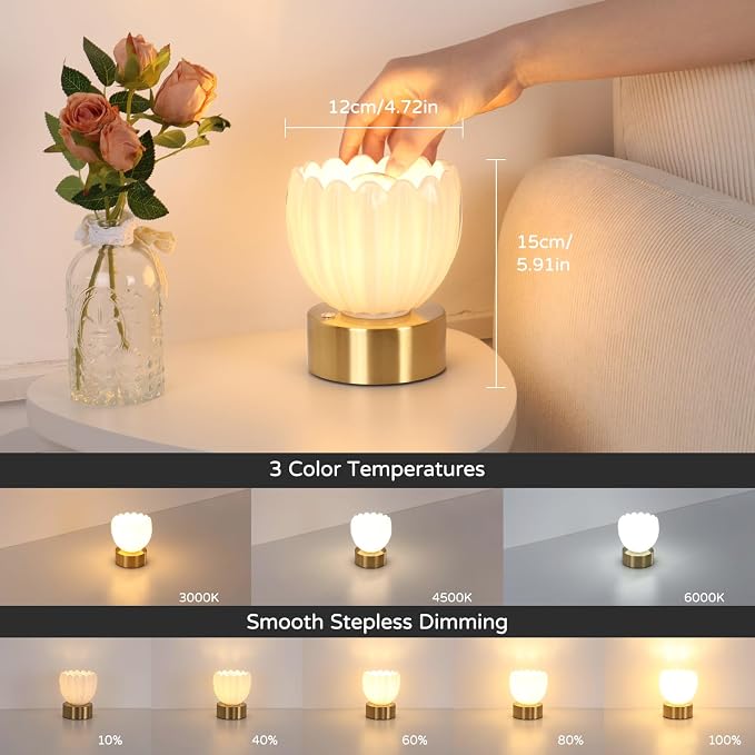 Shenmoyl Cordless Small Table Lamp with 5200mAh Battery & Touch Control, Battery Operated Tulip Table Lamp with 3 Colors, Rechargeable Mini Table Lamps for Bedsides, Bedroom, Nightstand (White) - Image 3