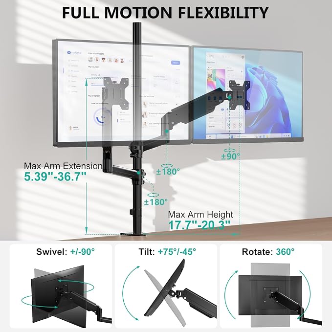WALI Vertical Dual Monitor Mount for 13-40 inch Curved Screens, up to 22lbs | Stacked Monitor Stand, 31.5 inch Extra Tall Pole, Full Motion with Tilt, Swivel, Rotation, C-Clamp, VESA 75/100mm (GSDM002XL) - Image 5