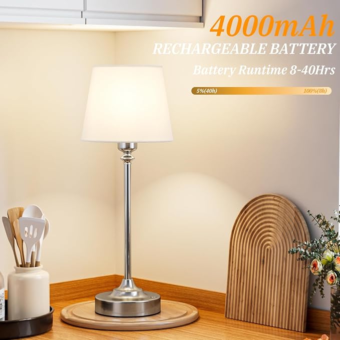 Kakanuo Cordless Table Lamps Rechargeable Set - 2 Pack Silver 4000mAH Battery Operated Lamps for Decor, 3000K Stepless Dimming Touch Wireless Lamp for Bedroom, Dining Table, Living Room, White Shade - Image 3