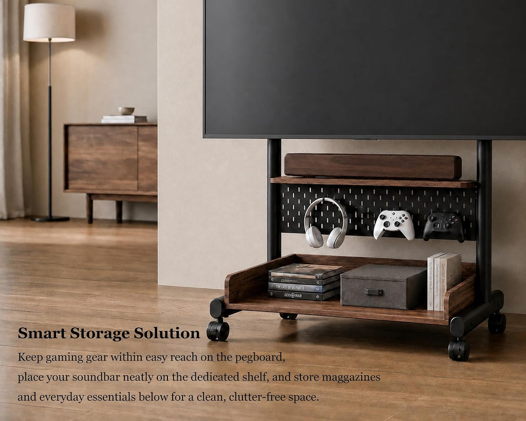 FITUEYES Rolling TV Stand Mount for 40 to 85 TVs with Wooden Shelf, Walnut - Image 4