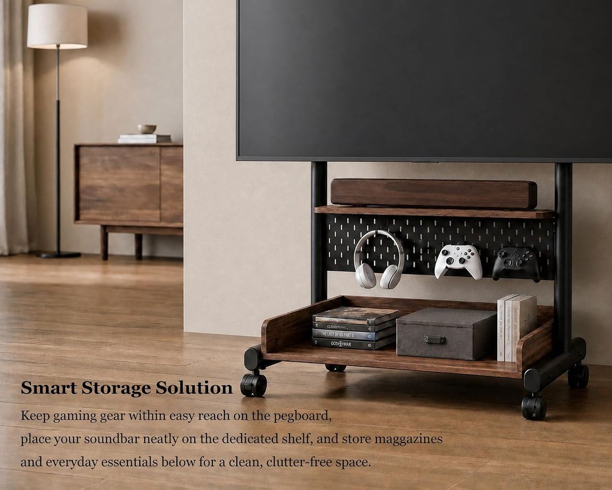 FITUEYES Rolling TV Stand Mount for 40 to 85 TVs with Wooden Shelf, Walnut - Image 4