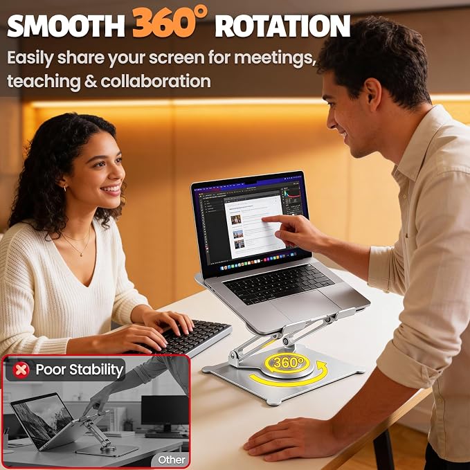 360° Rotating Laptop Stand for Desk, 10-15.6“ Laptop Riser, Silver | Sturdy Aluminum Foldable Stand, Heat-Dissipation Design, Ergonomic Holder Fits MacBook/Dell/HP/Lenovo for Home/Office. - Image 3