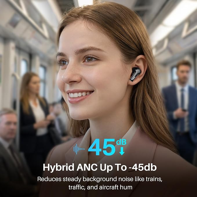 TOZO Hybrid Active Noise Cancelling in Ear Wireless Earbuds, 68H Playtime | 6 Mics AI Clear Calls, LED Display, 32 Preset EQs App, Bluetooth 5.3 Headphones, IPX8 Waterproof, Comfort Fit Ear Buds Black - Image 3