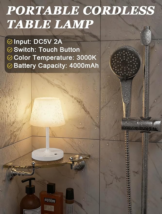 Kakanuo White Cordless Shower Lamp Waterproof, Rechargeable Table Lamp with 4000mAh Battery, Touch Dimmable Desk Light for Outdoor, Kitchen, Bathroom, Camping, Patio, IP54 - Image 4