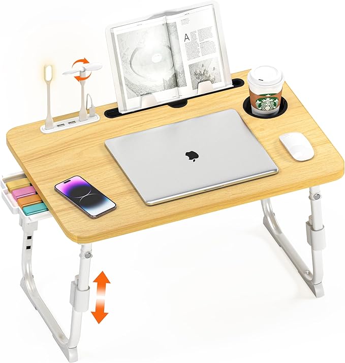 Lap Desk for Bed Adjustable Height with USB Port 23.6" x15.7" Desktop | Storage Drawer, Bookshelf, Fits 17" Laptop, For couch WFH Study, Foldable Non-Slip No Assembly Sturdy Lightweight Wood by PlayimaginationtodecorateHomeOffice