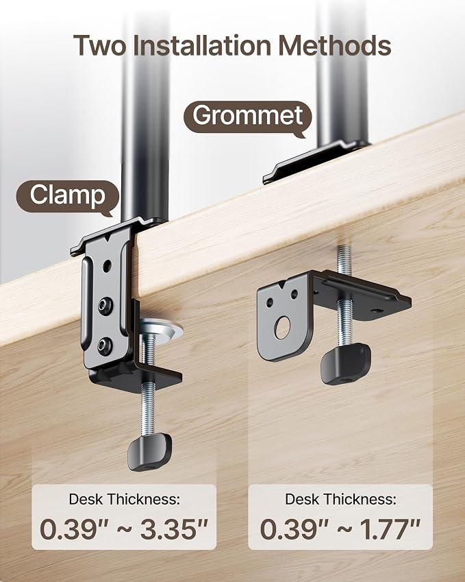 monTEK Monitor and Laptop Stand for 32" Screen and 17" Laptop | 2-in-1 desk mount holds 22 lbs, with height adjustment, tilt, swivel, clamp/grommet bases and VESA 75/100 - Image 7
