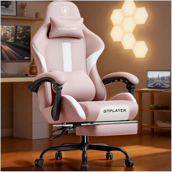 GTPLAYER Gaming Chair with Foot Rest & Pocket Spring Cushion, Ergonomic High Back Computer Desk Chair with Headrest & Lumbar Support for Back Pain Relief, Breathable Fabric, Pink by GTPLAYER
