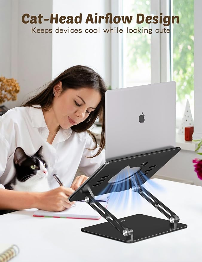 Aoviho Laptop Stand for Desk – Adjustable Aluminum Laptop Riser with Unique Cat-Shaped Cooling Vent, Portable Desk Gift & Decor, Compatible with MacBook Air Pro, Dell, HP, Lenovo (10"-17.3"), Black - Image 3