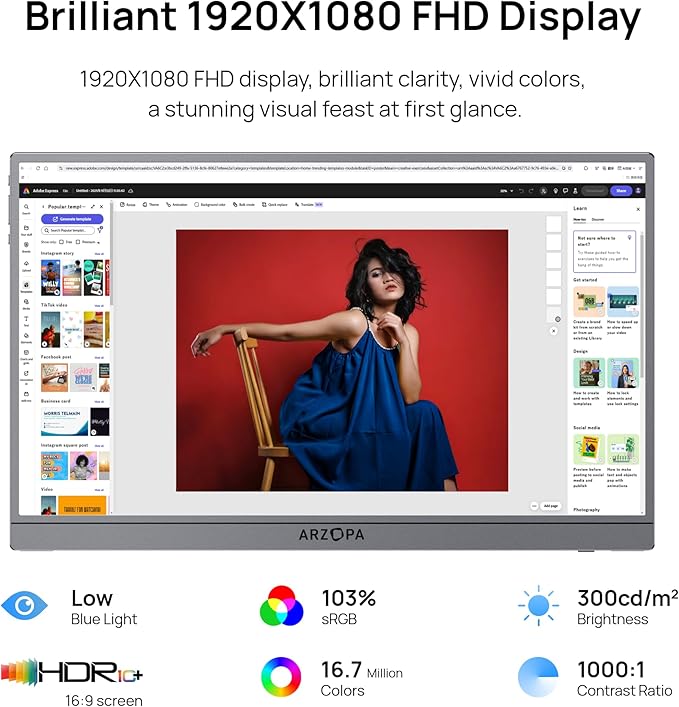 ARZOPA 17.3" Portable Monitor Gray, 1080P FHD IPS 103% sRGB - Z1C Plus | Laptop Gaming Monitor with Built-in Kickstand HDMI USB C External Screen for PC Mac Phone Xbox PS5 - Image 6