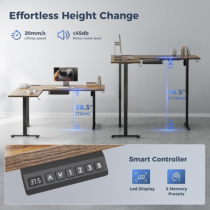 Klicelor L Shaped Standing Desk 63 x 55 Inch,Electric Height Adjustable Corner Desk with Cable Management & Power Outlets, Ergonomic Sit Stand Up Computer Table for Home Office,Rustic Brown - Image 8