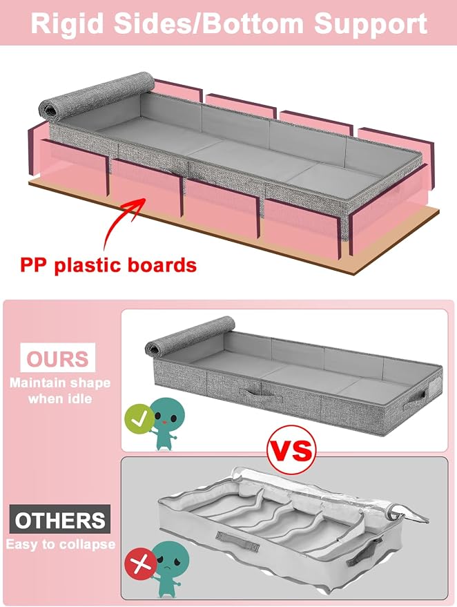 4-In Low Profile Under Bed Storage, Rigid Structure, 2 Pack, Gray | Below 4 Inch Low Space Storage, Rigid Sides & Bottom, Reinforced Handles, Foldable Design, for Couches, Cribs, Dorm Beds - Image 4