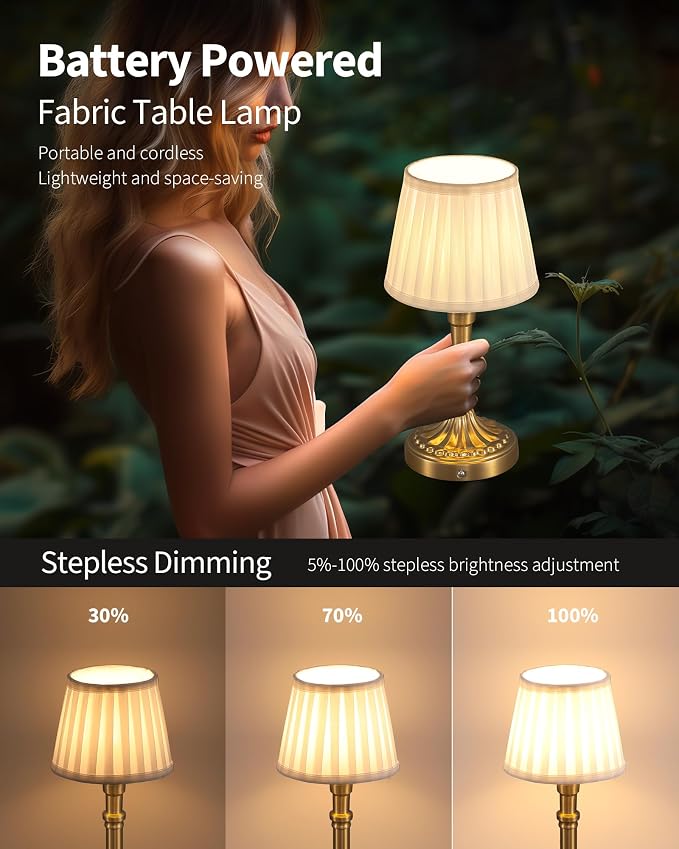 KDG Gold Cordless Portables Table Lamp, Beige Fabric Shade Small Desk Lamp | 4000mAh Battery Powered, LED Lighting, 2700K Stepless Dimmable, Light for Living Room, Dining Room, Bedroom, Home Decor - Image 4