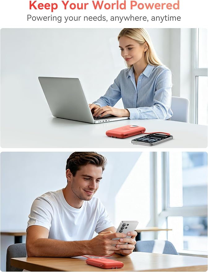Portable Charger Power Bank 10000mAh PD20W w/Built-in Cables & AC Plug | Portable charger iphone,Fast charging, Built-in wall plug, LED display, Charge 6 devices at once, Pass through charging - Image 8