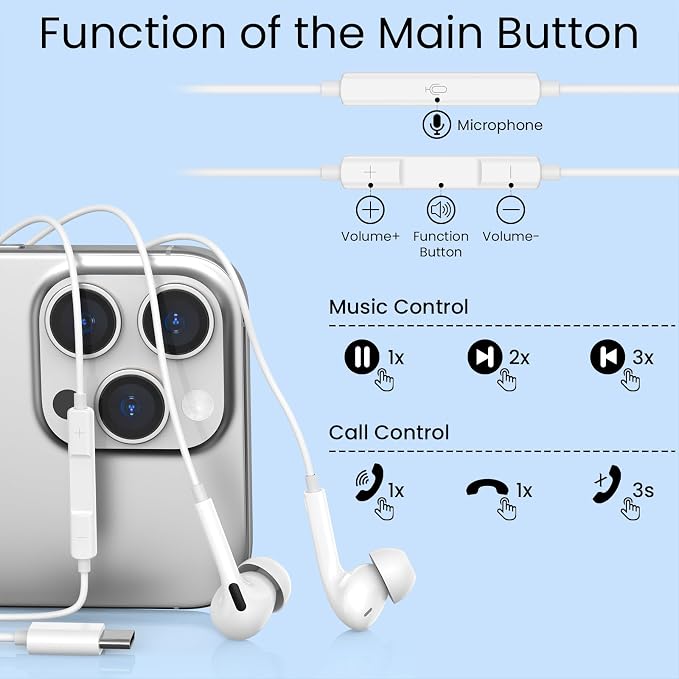 USB C Headphones Wired for iPhone 17/16/15 Pro Max Plus, Type C Earbuds with Microphone & Remote Noise Cancelling Earphones for iPad, Galaxy S25/S24/S23/S22/S21/S20/Ultra Note 10/20, Pixel 7/6/5/4 - Image 3