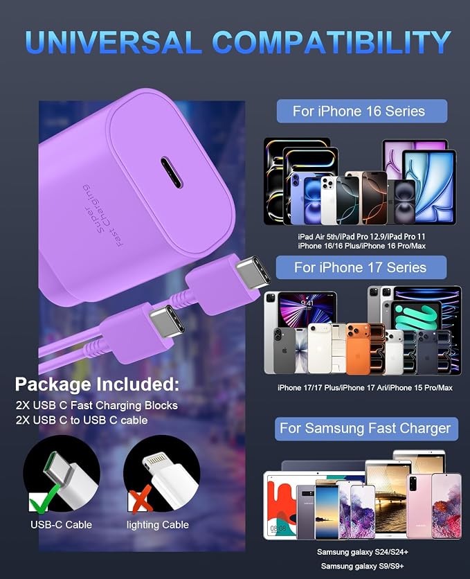 Phone 17 16 15 Charger Fast Charging,30W USB C Phone 17 16 15 Pro Max Charger Block &6.6FT Long Type C Cable Cord for i.Phone 17/Air/17 Pro/17 Pro Max/16/16 Plus/16Pro/16 Pro Max/15/15 Pro Max,Purple - Image 5