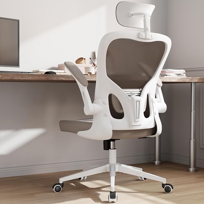 Office Chair Ergonomic Desk Chair with Lumbar Support&Headrest&Flip-up Arms Height Adjustable Rocking Swivel High Computer Chair Multi-Angle from 90° to 125° with 350LBS Capacity(White+Khaki-2) by Monhey-EasyErgonomicChair