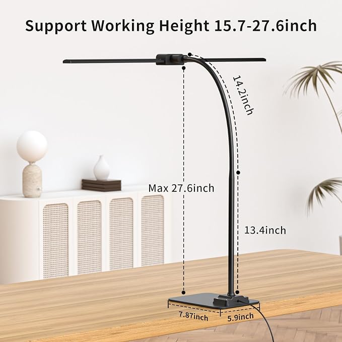 LED Desk Lamp Double Light: 1200LM Desk Light Base for Home Office, Black | Dual Screen Computer Monitor Light, Architect Table Lamp for Working Reading Drafting,Dimmable 4 Colors Memory 30-Min Timer - Image 6