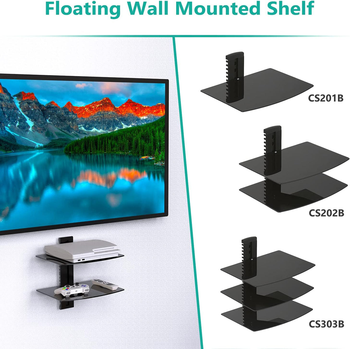 WALI 2 Tier Glass Floating TV Wall Shelf for Projector, DVD Players - Image 7