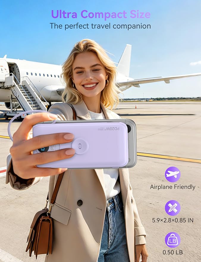 Portable Charger Power Bank 10000mAh PD20W w/Built-in Cables & AC Plug | Portable charger iphone,Fast charging, Built-in wall plug, LED display, Charge 6 devices at once, Pass through charging - Image 5