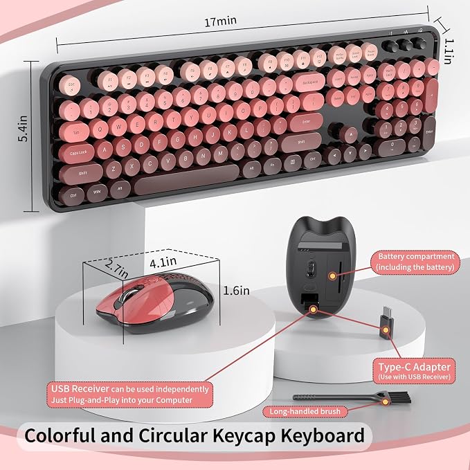 Wireless Keyboard and Mouse, 104 Round Keycaps Retro Typewriter | with OTG & Brush, Full-Size Ergonomic, Ideal for Windows PC, Home, Office and College Black Pink - Image 5
