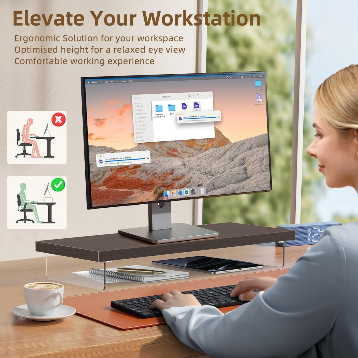 Monitor Stand Riser, 25x10 in Wood & Acrylic Computer Desk Organizer Shelf - Image 6