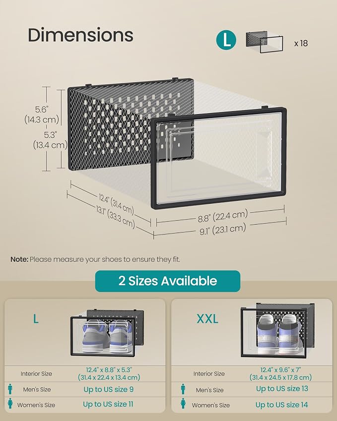 SONGMICS Shoe Boxes, Clear Plastic Sneaker Box, Pack of 18 | Stackable Shoe Storage Organizers, for Closet, 13.1 x 9.1 x 5.6 Inches, Transparent and Black, DENNYS Collection ULSP18SBKV1 - Image 5