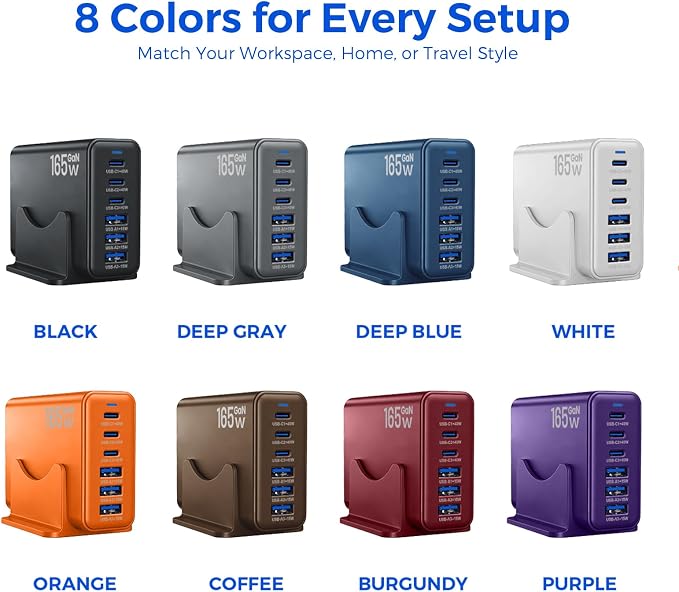 165W GaN Charging Station, 6-Port USB C & USB A Charger, Black | 165W GaN, 6-Port USB Charging Station, 3x40W USB-C + 3x15W USB-A, ABS+PC, Charge 6 Devices, Home Office Travel - Image 9