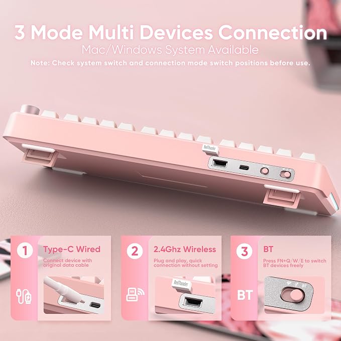 RedThunder K75 Wireless Mechanical Gaming Keyboard, 75% Hot Swappable Creamy Keyboard with Knob, RGB Backlit, Pre-lubed Switches, Side Engraved PBT Keycaps, Wireless/Wired/BT5.0, Gradient Sakura Pink - Image 4