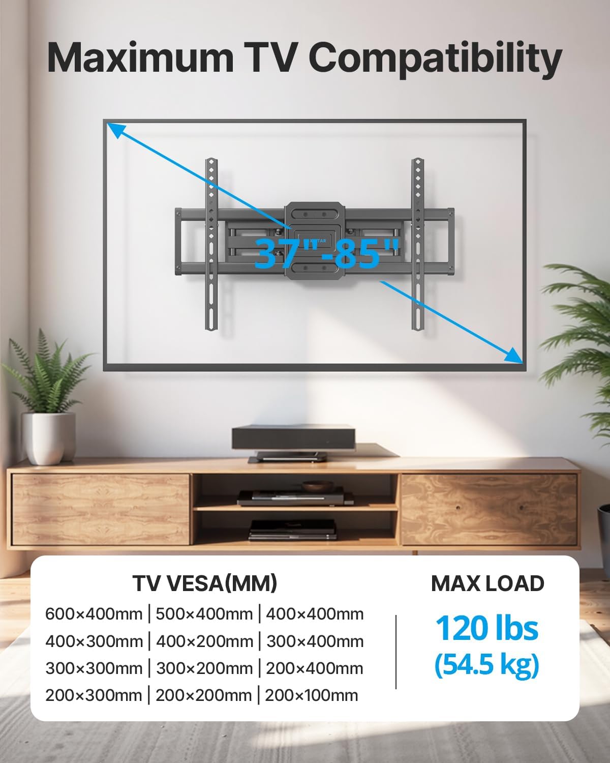 Full Motion TV Wall Mount for 37-85 Inch TVs Mounts Up to 120lbs, Fit 16" Wood Stud, Max VESA 600x400mm, Swivel and Tilt Articulating Wall Mount TV Bracket,Fit Most 55+ 65 70 75 inch TVs - Image 8
