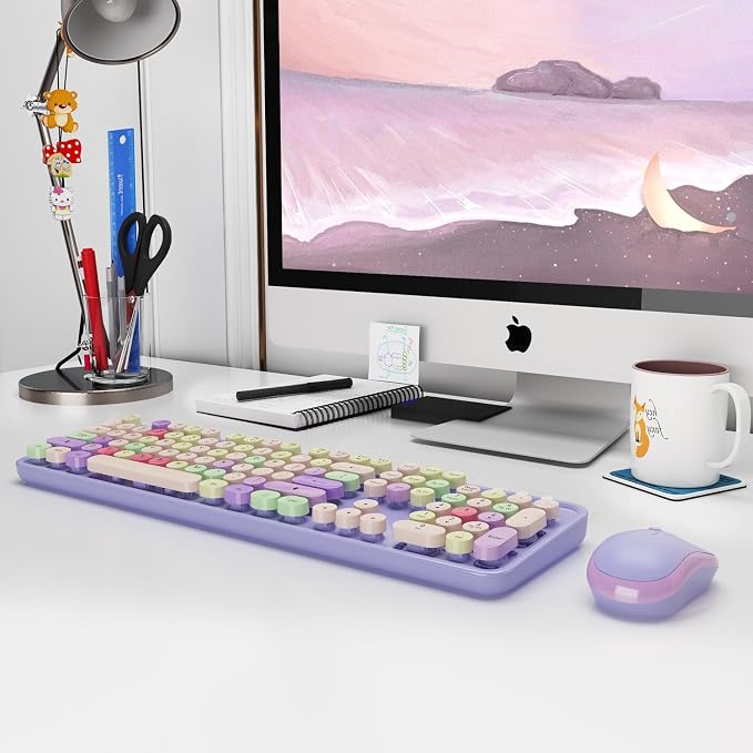 Wireless Computer Keyboard and Mouse Combo,Colorful Purple | Ergonomic Full Size Typewriter Retro Round Keycaps Keyboard, Compatible with Windows, PC, Perfer for Home and Office - Image 8