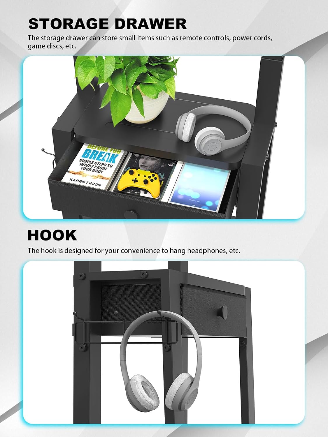 Rolling TV Stand with Power Outlet and Fabric Drawer for 32-75 Inch Flat/Curved Screen up to 220lbs LCD/LED/OLED Adjustable Height Mobile TV Cart with Wheels for Home Office Max VESA 600x400mm Black - Image 4