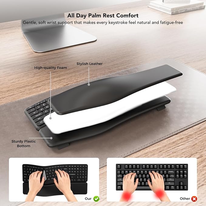 Ergonomic Keyboard Mouse Wireless Combo, Full Size Bluetooth Split Keyboard with Wrist Rest, 4 Level DPI Ergo Mouse for Windows Mac OS Computer, Black - Image 6