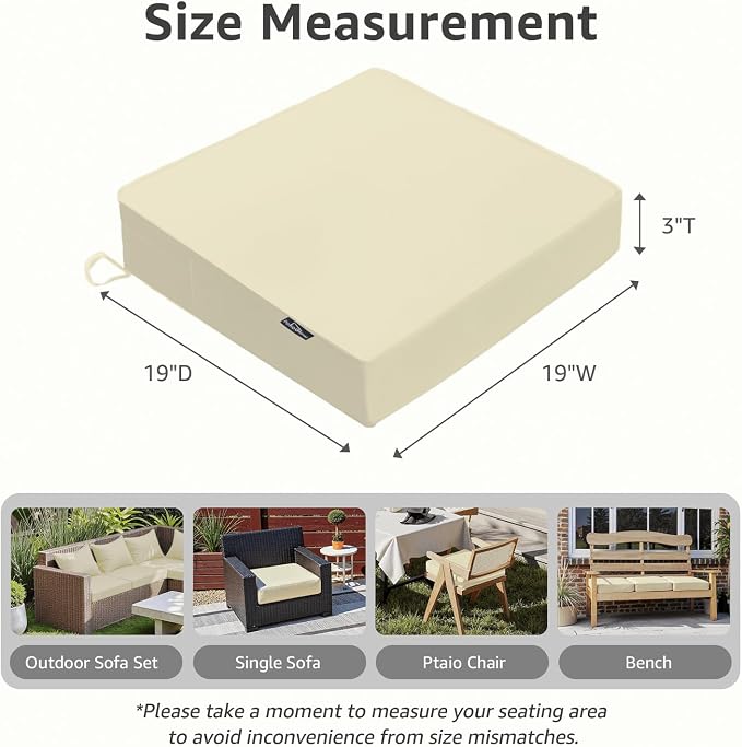 PatioGlow Outdoor Chair Cushions 19 x 19 x 3 Inch, Waterproof & Fade Resistant Patio Seat Cushion for Furniture with Handle and Ties, Thick Seating Pads for Outside Sofa Couch Set of 2, Beige - Image 2