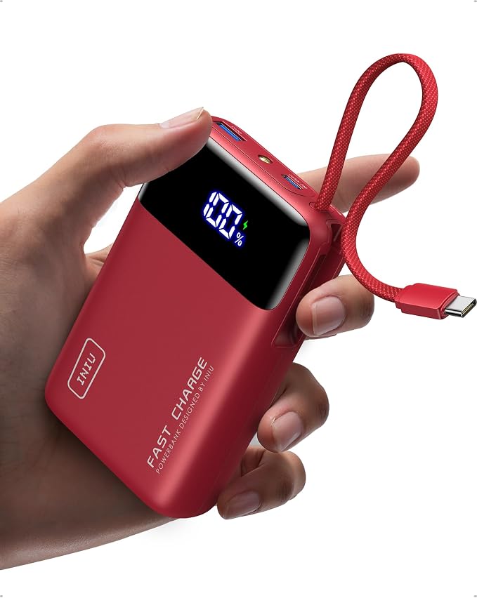 INIU Portable Charger, Smaller 45W Fast Charging Power Bank, 20000mAh Red | Flight-Safe, Built in USB-C Cable, Travel Essential, Battery Phone Pack for iPhone 17 16 Pro, Samsung S26, iPad etc, Red by INIU