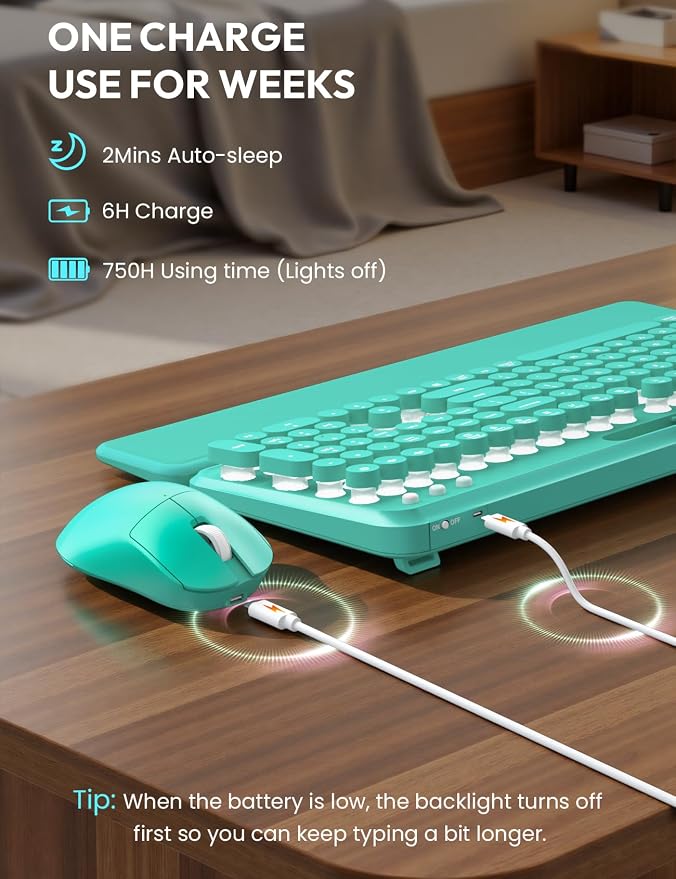 Wireless Keyboard and Mouse, Backlit Typewriter with Magnetic Wrist Rest | Phone Holder, Light Up Round Keycaps, Lighting Mouse, 2.4GHz Cordless Set for Mac, Windows, PC, Laptop, SABLUTE - Image 6