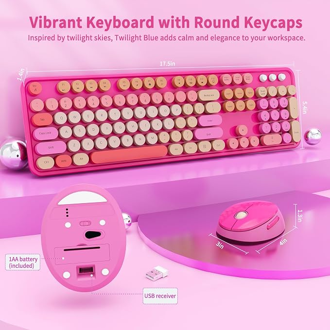 Nowlike Wireless Keyboard and Mouse Combo, Retro Typewriter Keyboard with Round Keycaps, Full-Size Ergonomic, Red, Ideal for Windows PC, Home, Office, and College, Wireless Keyboard Mouse Combo - Image 6