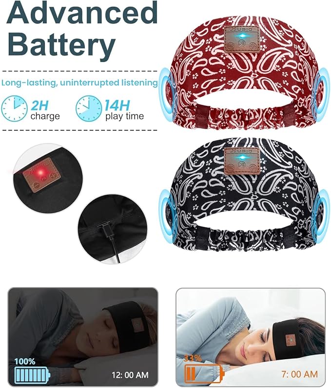 2-Pack Sleeping Headphones, Headband Headphones with Thin Speakers | Wireless Bluetooth Headband for Running Sports Workouts Yoga Travel Meditation Gift for Men Women - Pattern Black&Pattern Red - Image 3