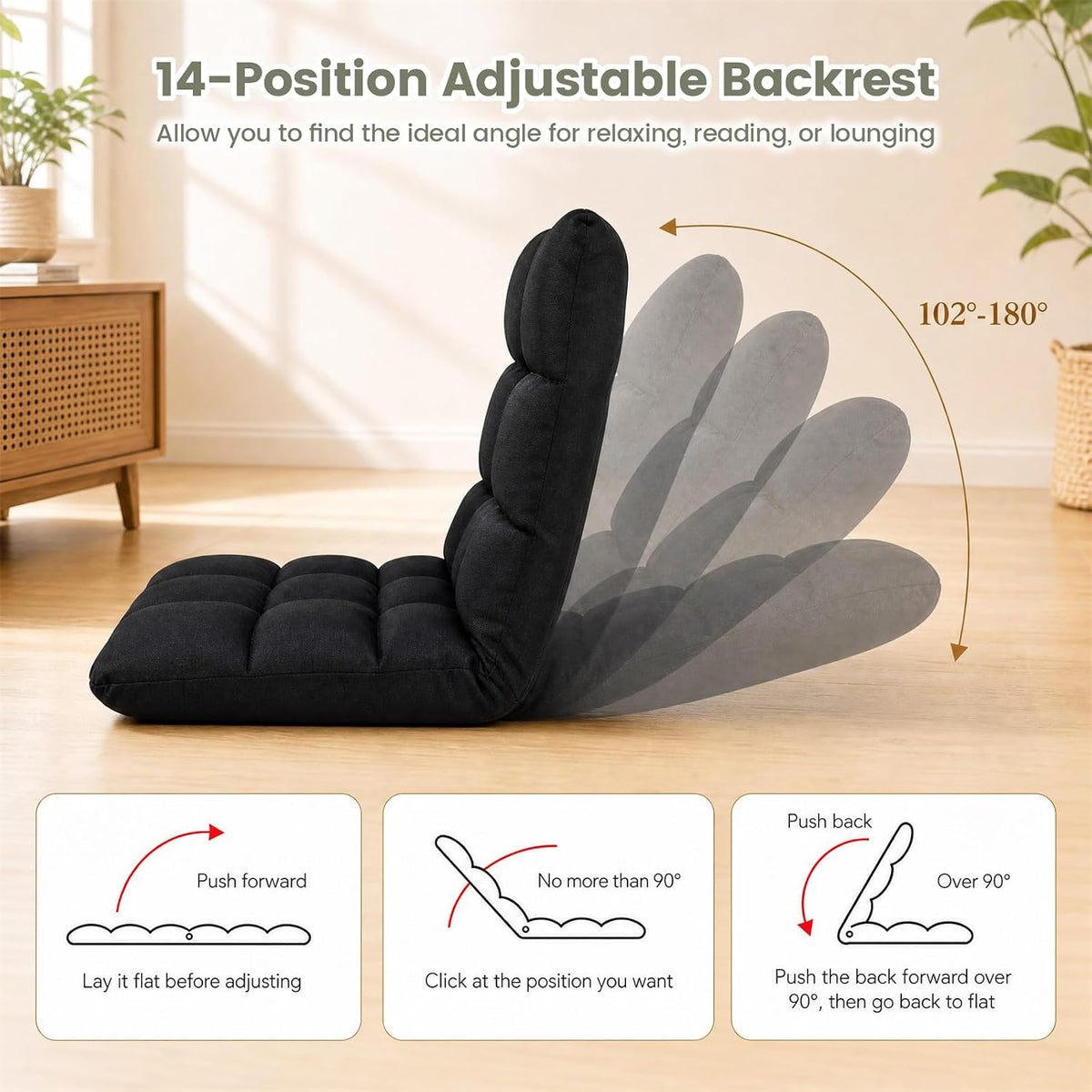 COSTWAY Floor Chair, Folding Gaming Chair with Back Support (Black) - Image 4