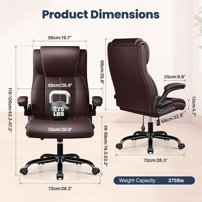 Ergonomic Office Chair, High Back Executive Leather Desk Chair | Inflatable Lumbar Support for Back Pain Relief, Heavy-Duty Computer Desk Chair for Long Workdays, Flip-Up Armrests, Coffee - Image 2